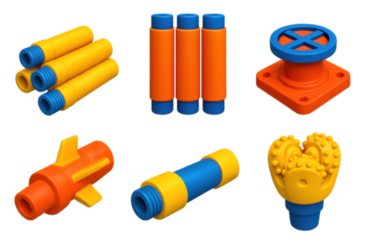 Vibrant Drilling Components. 3D icon set of drilling components: drill pipes, casings, rotary tables, stabilizers, drill collars,