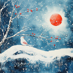 Fairy tale winter painting with a white bird on a snowy branch and red berries. Magical Christmas or New Year's Eve scene with a bright red sun or moon
