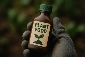 Nurturing Growth: A gardener's hand cradles a bottle of plant food, symbolizing the care and nourishment vital for flourishing greenery.