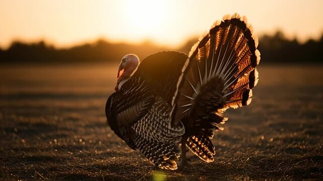 Majestic Turkey struts during golden hour. Wildlife nature scene with feathered fowl displaying. Perfect for Thanksgiving, seasonal content, birdwatching, and rural setting projects.
