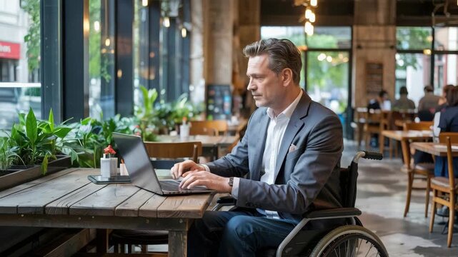 Dynamic businessman in wheelchair working remotely on laptop at trendy cafe with natural light streaming through windows, promoting inclusion and accessibility