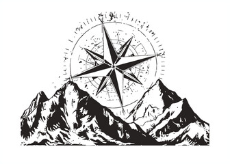 Vintage compass rose symbol overlaid on rugged mountain peaks in a black and white illustration style © Nasir