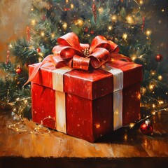 Dark, atmospheric scene with a wrapped gift by a window on Christmas Eve. Captures the mystery, quiet anticipation, and magic of the season.