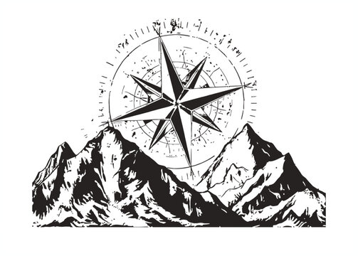 Vintage compass rose symbol overlaid on rugged mountain peaks in a black and white illustration style