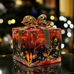 Interior view of a wooden windowsill decorated with a Christmas gift and ornaments. Illustrates cozy home interior and seasonal winter decor.
