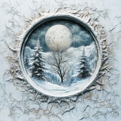 High angle view of white frosted trees on ice with a deep blue center. Detailed aerial photography of a winter landscape.