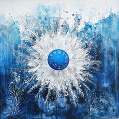 Abstract decorative design with a central frosty, circular, or explosive element on a cold blue backdrop. Modern visual for decoration.
