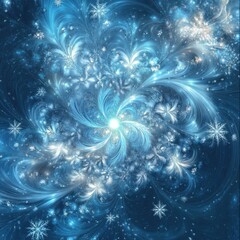 Highly detailed fractal digital artwork featuring a vortex of icy blue and white snowflakes and swirling patterns. Illustrates complex mathematical beauty.