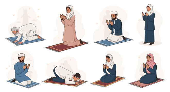 Vector Icons Set of Diverse Group of Muslim Men and Women Performing Salat Prayer. EPS Editable