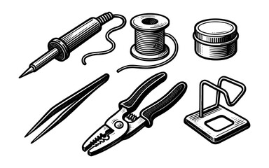 Obraz premium Retro style electronics repair tools: soldering iron, wire, tweezers depiction