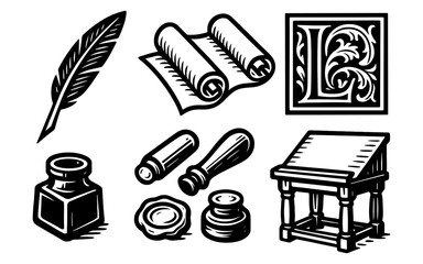 Vintage writing tools and calligraphy set in retro black and white design