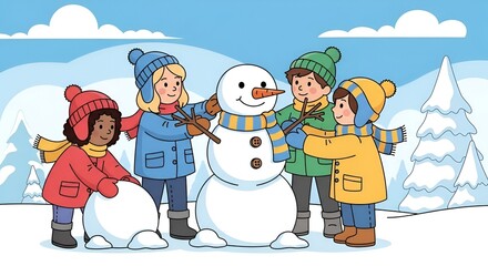 Children building snowman together in snowy winter landscape  with copy space