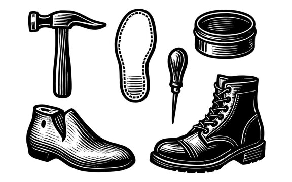 Vintage shoe repair tools and footwear in retro engraving style
