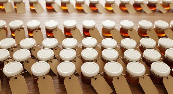 Elegant honey jars with blank tags ready for your personalized message at rustic wedding favors or gifts - Powered by Adobe