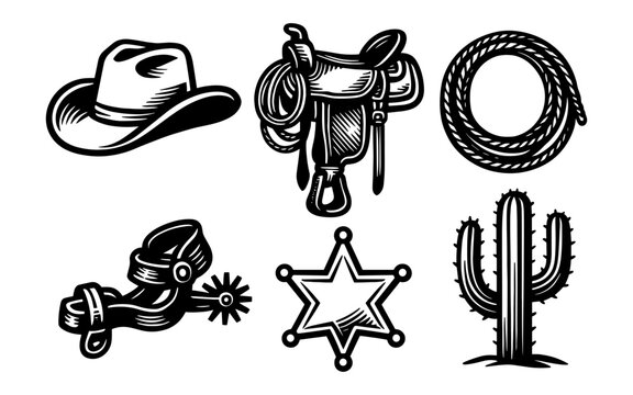 Western icons set: cowboy hat, saddle, lasso, spur, sheriff badge, cactus
