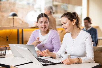Two focused women drinking coffee while working on laptop in cozy cafe