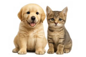 Golden retriever puppy and tabby kitten sitting together, portraying friendship, companionship, and pet wellness