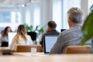 Modern office with diverse employees working at computers, senior worker integration