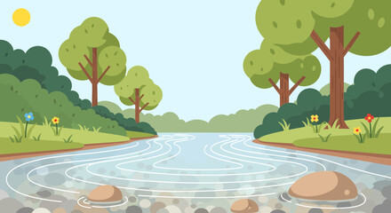 Naklejka premium Serene River Landscape With Trees And Shining Sun Illustration