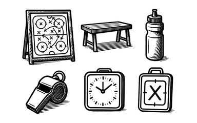 Hand drawn sports coaching tools: strategy board, whistle, and stopwatch sketches