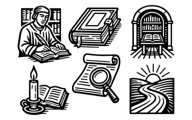 Retro woodcut style library icons featuring books candle and scroll