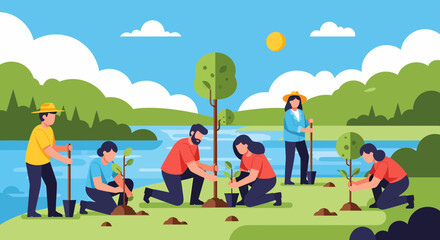 Fototapeta premium Volunteers Planting Trees For Environmental Conservation And Community Involvement