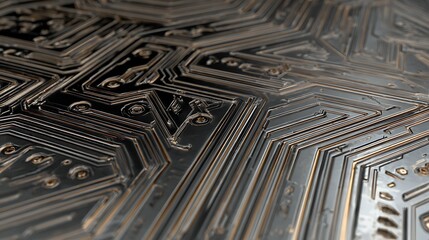 A macro closeup reveals the intricate design and metallic texture of an electronic circuit board fastened with a small screw