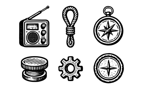 Vintage adventure icons: radio, rope, compass, cogwheel in hand drawn style