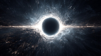 Outer space with a wormhole forming a light tunnel, black hole, and cosmic distortion, showing energy movement through galaxies and nebulae in a dynamic futuristic sci-fi universe visualization
