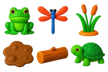 Collection of animal figurines, including a frog, a turtle, a dragonfly