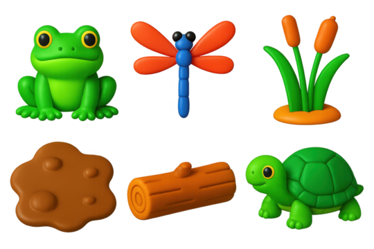 Collection of animal figurines, including a frog, a turtle, a dragonfly - Powered by Adobe