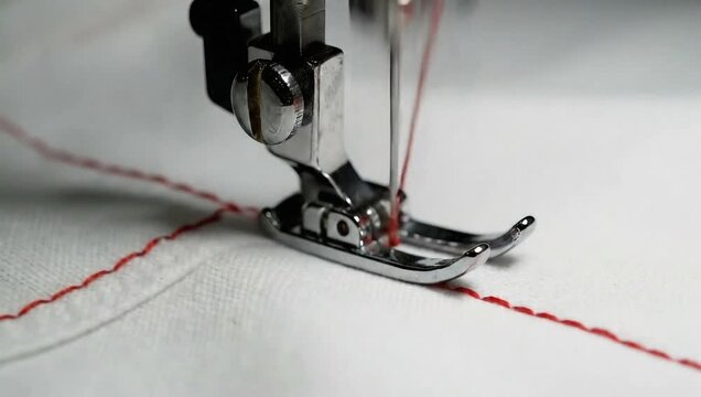 Close up of a sewing machine stitching red thread on white fabric in bright light