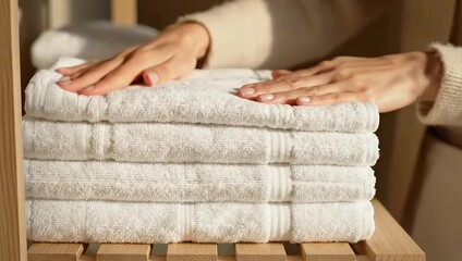 Hands folding a stack of white terrycloth towels on a wooden shelf in soft sunlight