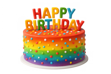 Rainbow happy birthday cake with colorful sprinkles and decorative letters, celebrating a festive event on transparent background