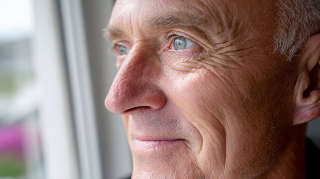 Elderly man with gray hair and blue eyes gazes thoughtfully out of a window, reflecting on life experiences, surrounded by soft natural light and a serene atmosphere