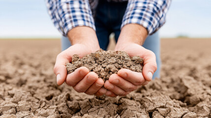 Hands of a man holding rich soil, showcasing the texture and fertility of earth, with a blurred agricultural field in the background, emphasizing the importance of soil health