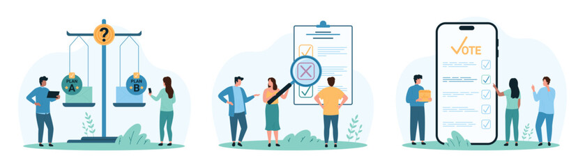Decision making process, study of voting result data set. Tiny people vote in mobile app and check solution with magnifying glass, choose yes or no answer to question cartoon vector illustration