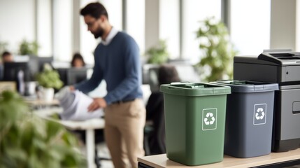 Office worker sorting waste paper in designated bins, promoting sustainability and responsible recycling practices
