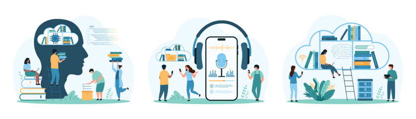 Digital library, AI and data file storage service set. Tiny people record sound with microphone, listen audiobook with headphones, using mobile app to read books online cartoon vector illustration