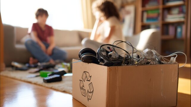 Family sorting through old electronics for recycling, decluttering home, preparing e waste for sustainable disposal