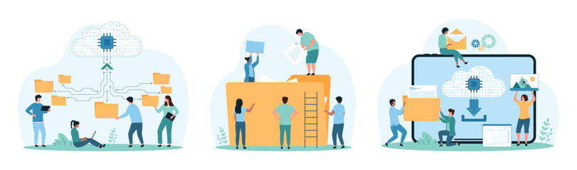 Cloud data storage service set. Tiny people put digital document in folder, work with cloud directory and network of archives, download and transfer information for sharing cartoon vector illustration
