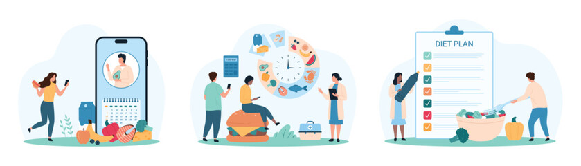 Weight loss program, diet planning set. Tiny people eat healthy food, control diet list on mobile app, clipboard and chart planner schedule with clock and nutrients list cartoon vector illustration