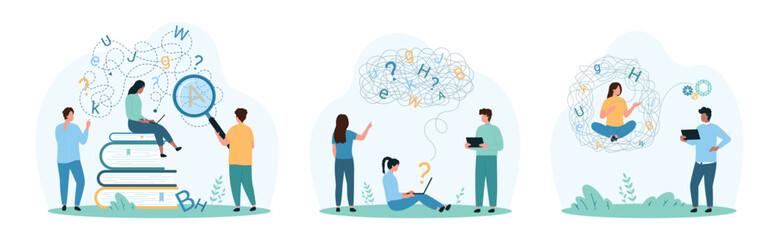 Dyslexia, learning, reading text and understanding problem set. Tiny people try to recognize letters of chaos with magnifying glass, support patient with dyslexic syndrome cartoon vector illustration