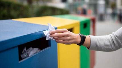 Hand placing crumpled paper into a blue recycling bin, emphasizing waste sorting and responsible environmental practices