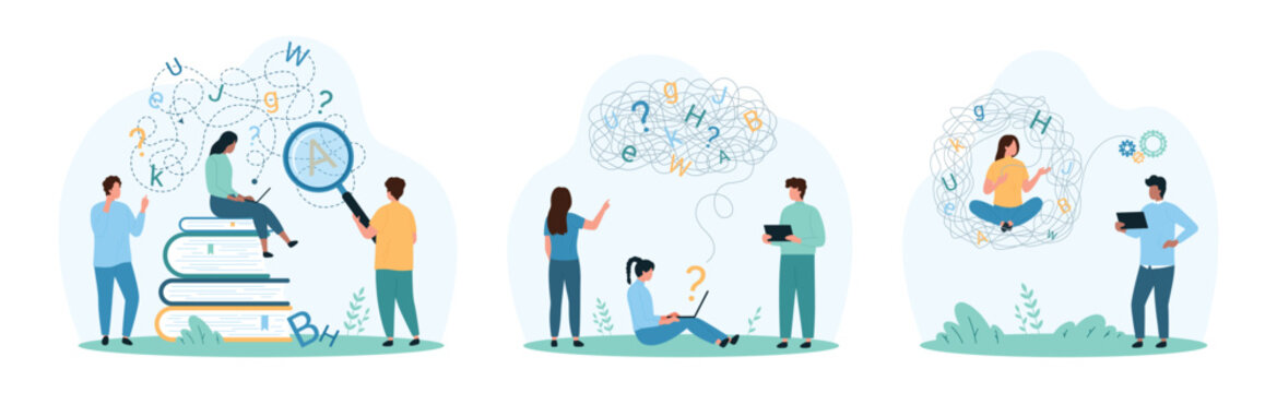 Dyslexia, learning, reading text and understanding problem set. Tiny people try to recognize letters of chaos with magnifying glass, support patient with dyslexic syndrome cartoon vector illustration