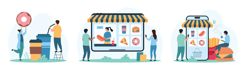 Fast food order in mobile app and delivery. Tiny people choose snacks from interface menu category on screen of big smartphone and tablet, hold donut and soda water drink cartoon vector illustration