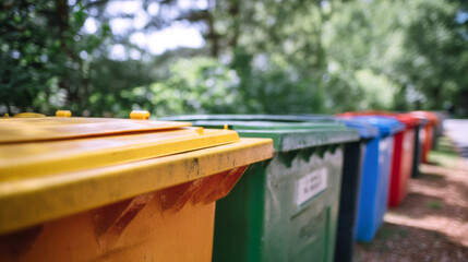 Row of various colored recycling bins used for sorting waste, promoting sustainability and responsible waste management outdoors