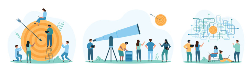 Vision for future business growth, solving complex problems and goal achievement set. Tiny people explore horizon in search of target, find way in opportunity maze cartoon vector illustration