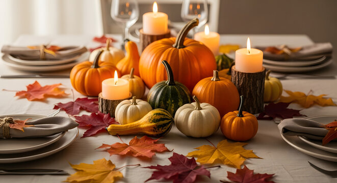 Warm and inviting autumn table setting with pumpkins, gourds, and glowing candles for a festive gathering