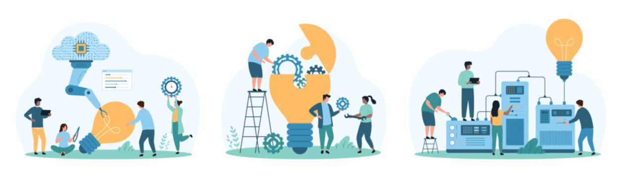 New tech solution, innovation development and optimization set. Tiny people construct light bulb with robotic arm and cloud services help, work with factory lab machine cartoon vector illustration